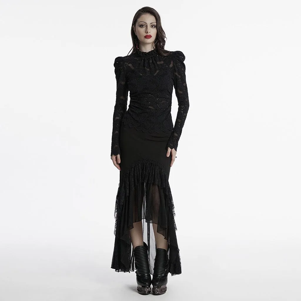 Women's Gothic Stand Collar Puff Sleeved Lace Shirt Black