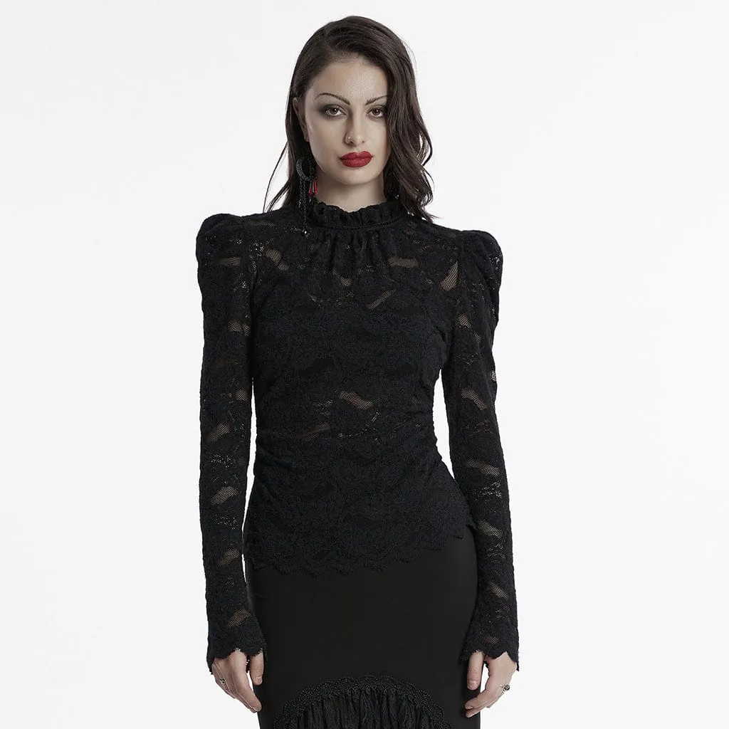 Women's Gothic Stand Collar Puff Sleeved Lace Shirt Black