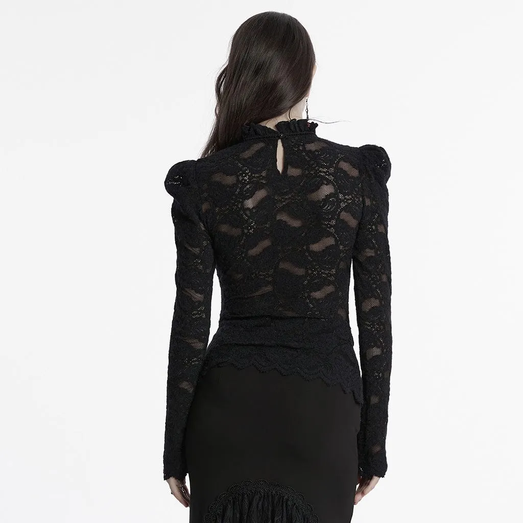 Women's Gothic Stand Collar Puff Sleeved Lace Shirt Black