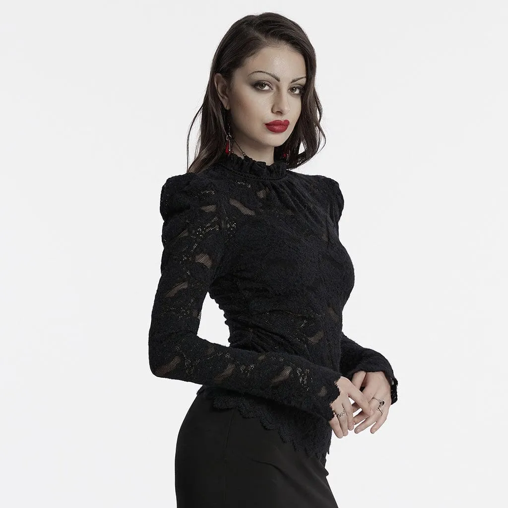 Women's Gothic Stand Collar Puff Sleeved Lace Shirt Black